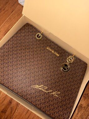 Michael Kors Brown and Gold MK Monogram Tote